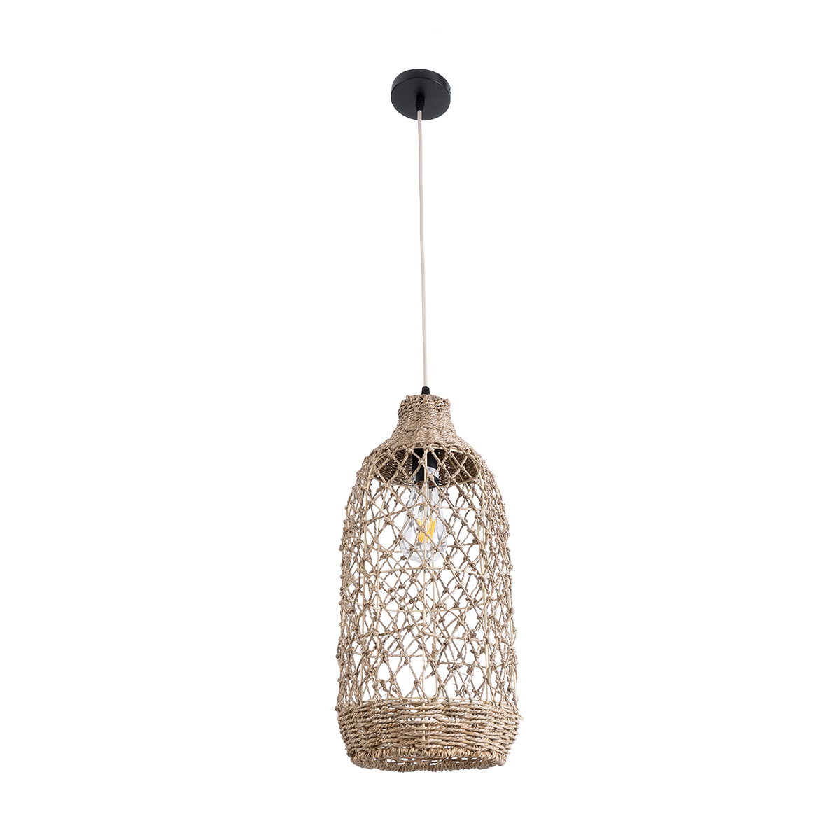 GloboStar® ECUADOR 02116 Boho Κρεμαστό Φωτιστικό Πλέγμα Μονόφωτο 1 x E27 IP20 Μπεζ Rattan - Μ23 x Π23 x Υ50cm - Image 3