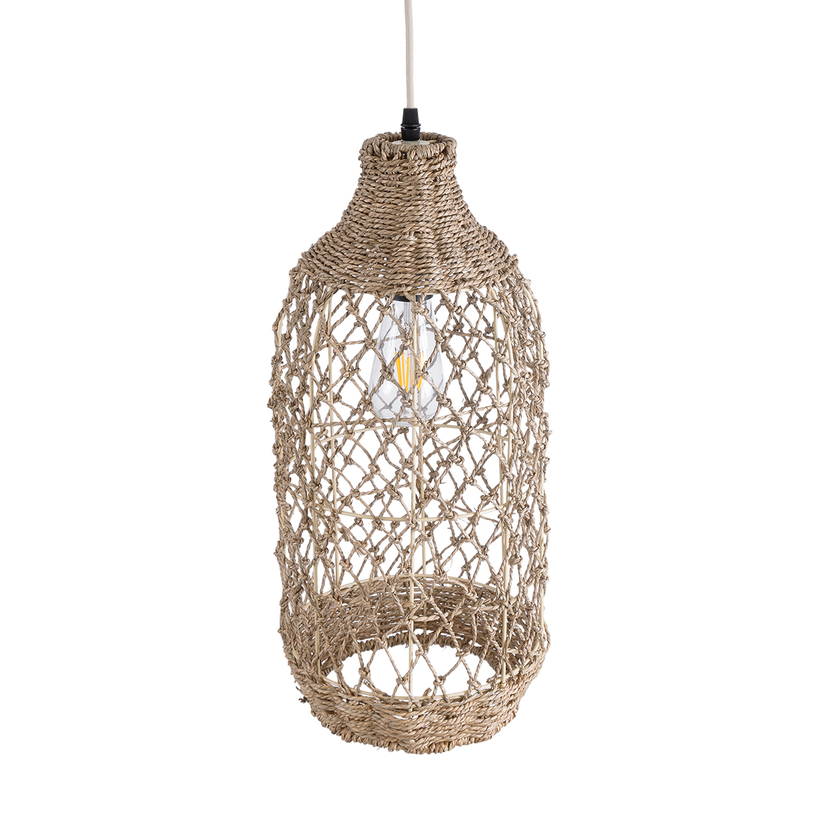 GloboStar® ECUADOR 02116 Boho Κρεμαστό Φωτιστικό Πλέγμα Μονόφωτο 1 x E27 IP20 Μπεζ Rattan - Μ23 x Π23 x Υ50cm - Image 6