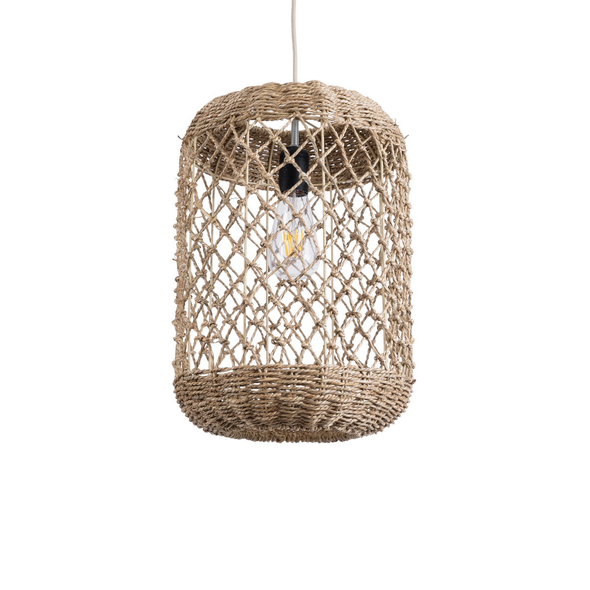 GloboStar® ECUADOR 02117 Boho Κρεμαστό Φωτιστικό Πλέγμα Μονόφωτο 1 x E27 IP20 Μπεζ Rattan - Μ28 x Π28 x Υ40cm