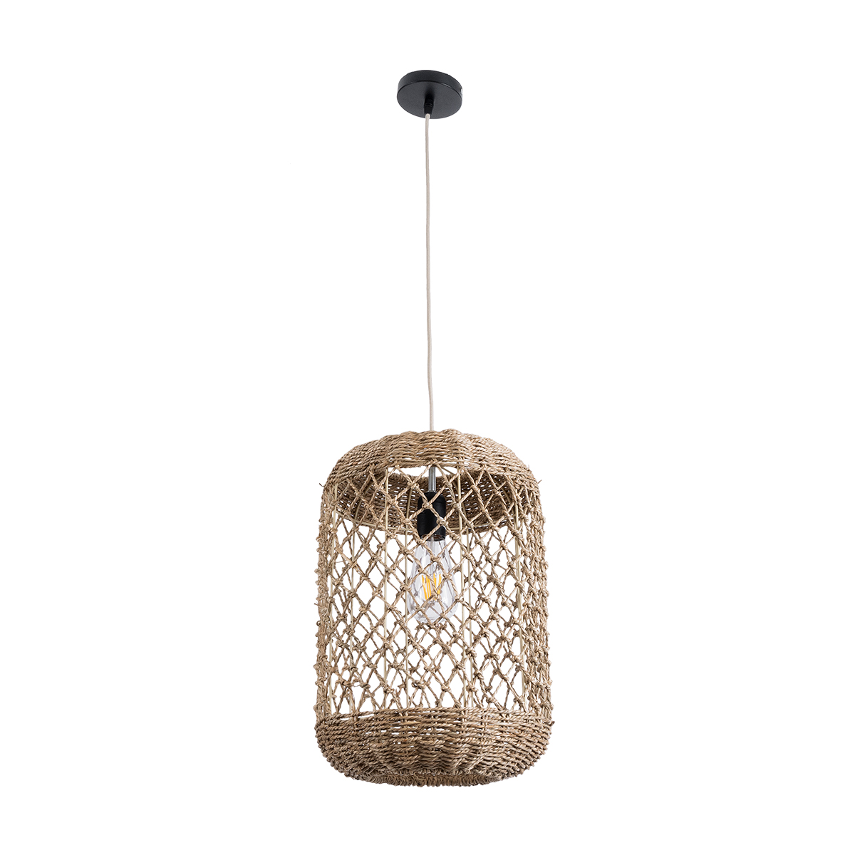 GloboStar® ECUADOR 02117 Boho Κρεμαστό Φωτιστικό Πλέγμα Μονόφωτο 1 x E27 IP20 Μπεζ Rattan - Μ28 x Π28 x Υ40cm - Image 3