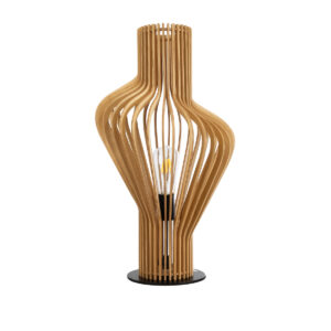 GloboStar® MIHIRO 02176 Boho Επιτραπέζιο Φωτιστικό Μονόφωτο 1 x E27 AC220-240V IP20 - Φ33 x Υ57cm - Καφέ Ξύλινο με Μαύρη Μεταλλική Βάση Πλέγμα