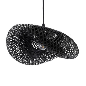 GloboStar® MEXICO 02200 Boho Κρεμαστό Φωτιστικό Πλέγμα Μονόφωτο 1 x E27 IP20 Μαύρο Ξύλο - Μ40 x Π30 x Υ13cm