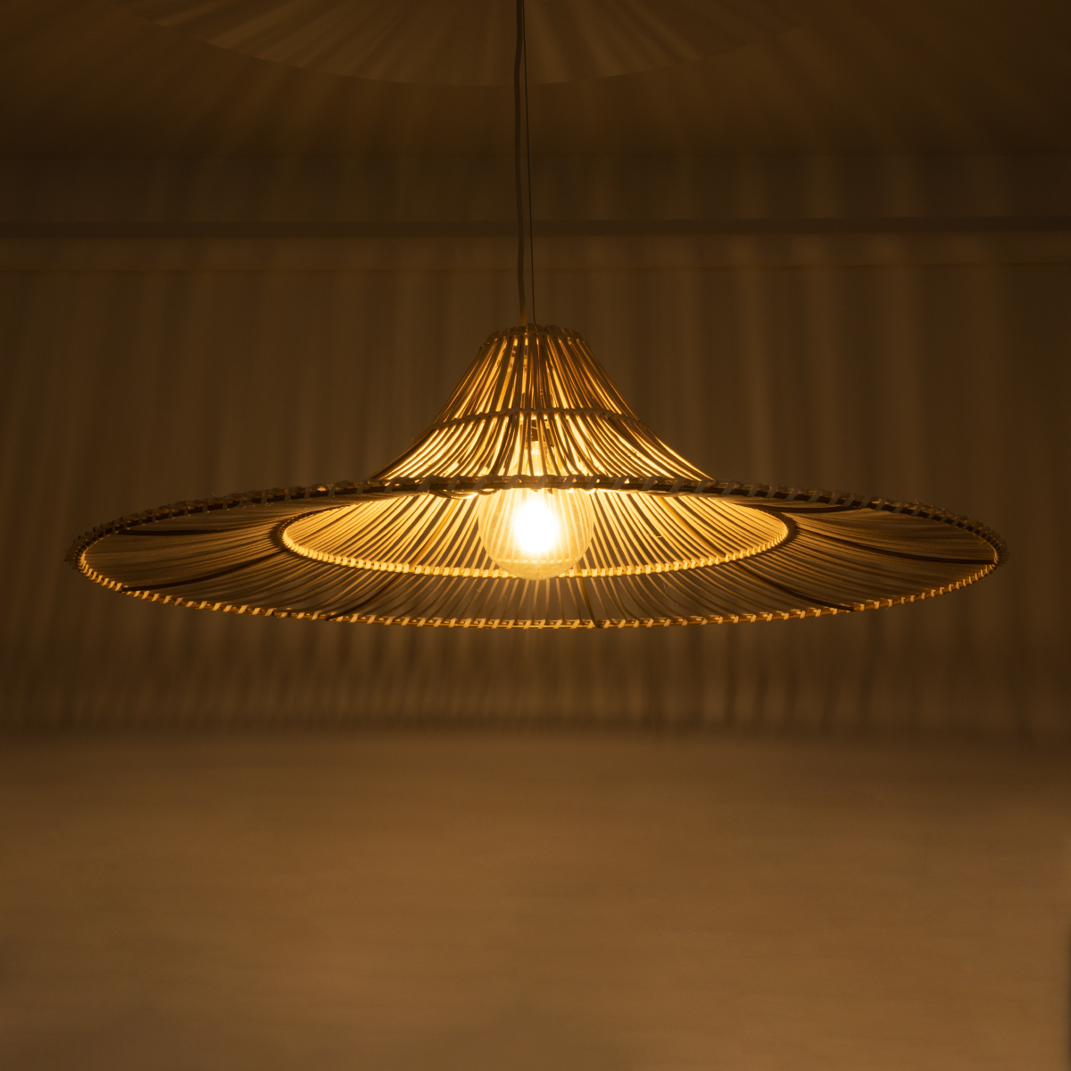 GloboStar® PALERMO 02209 Boho Κρεμαστό Φωτιστικό Πλέγμα Μονόφωτο 1 x E27 IP20 Μπεζ Ξύλο - Μ100 x Π100 x Υ30cm - Image 2