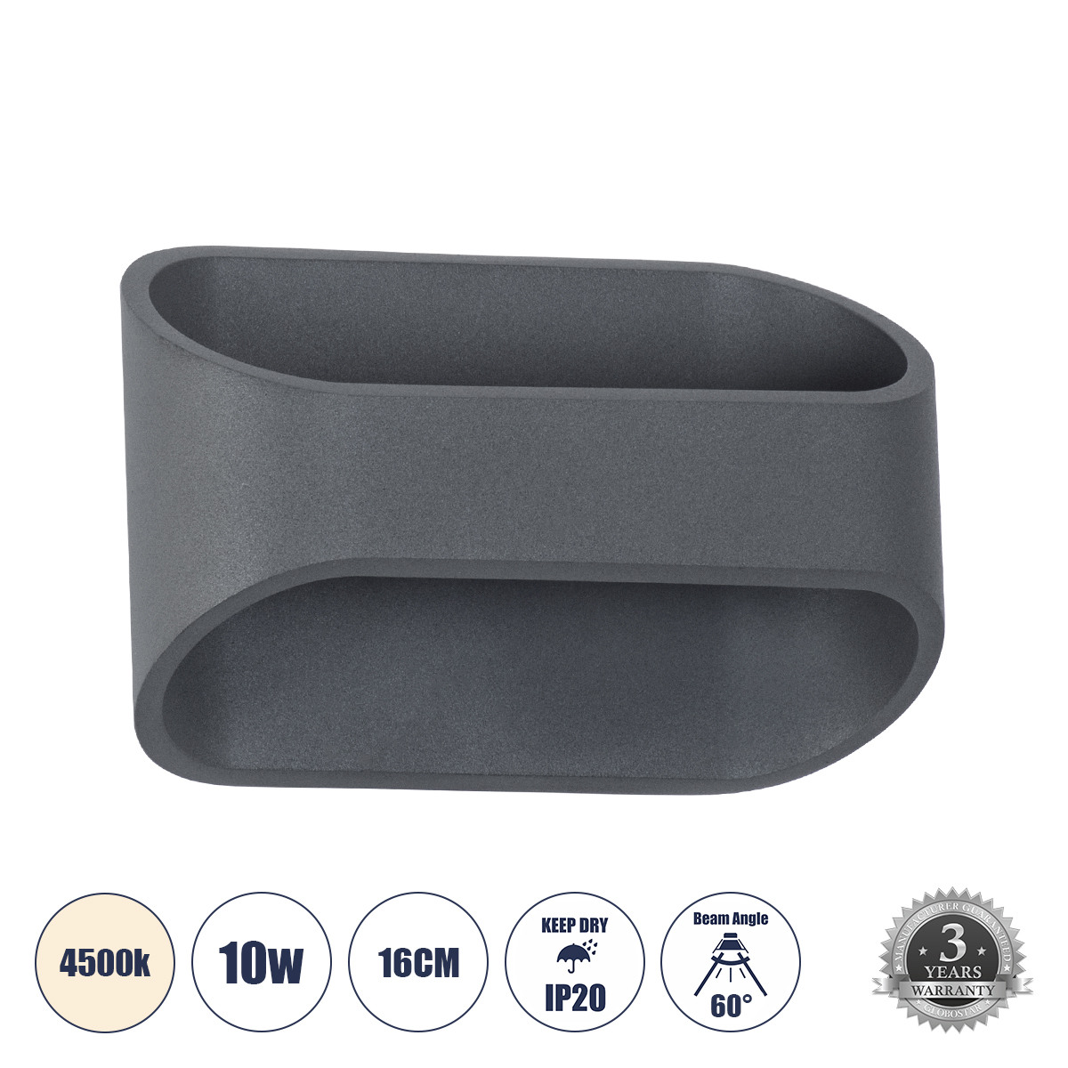 GloboStar® EDEN 60667 Φωτιστικό Τοίχου - Απλίκα Αρχιτεκτονικού Φωτισμού Εσωτερικού Χώρου Up & Down LED 10W 1000lm 60° AC 220-240V IP20 Μ16 x Π10.5 x Υ9cm - Φυσικό Λευκό 4500K - Γκρι Ανθρακί - Bridgelux Chip - 3 Years Warranty