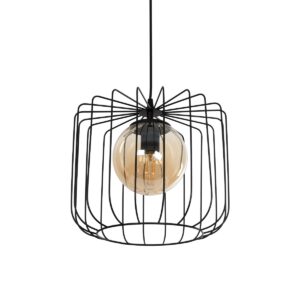 GloboStar® FLAMIA 201-0099 Vintage Κρεμαστό Φωτιστικό Πλέγμα Μονόφωτο 1 x E27 IP20 Μαύρο Μέταλλο - Μ25 x Π25 x Υ80cm