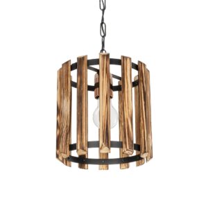 GloboStar® PRISMON 201-0061 Vintage Κρεμαστό Φωτιστικό Οροφής Πλέγμα Μονόφωτο 1 x E27 IP20 Καρυδί Ξύλο με Μαύρο Μέταλλο - Μ25 x Π25 x Υ65cm