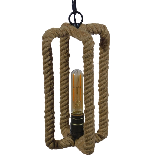 GloboStar® ELDORA 10001014 Vintage Κρεμαστό Φωτιστικό Ανάρτηση Μονόφωτο 1 x E27 IP20 Μαύρο Μέταλλο με Μπεζ Σχοινί - Μ13 x Π13 x Υ30cm - Image 5