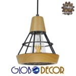 GloboStar® AKRON 10001133 Μοντέρνο Κρεμαστό Φωτιστικό Πλέγμα Μονόφωτο 1 x E27 IP20 Μπεζ Ξύλο με Μαύρο Μέταλλο - Μ19 x Π19 x Υ22cm - Image 2