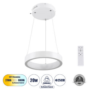 GloboStar® NEMESIS 61153 Κρεμαστό Φωτιστικό Δαχτυλίδι-Κύκλος LED CCT 20W 2356lm 360° AC 220-240V - Εναλλαγή Φωτισμού μέσω Τηλεχειριστηρίου All In One Ψυχρό 6000k+Φυσικό 4500k+Θερμό 2700k Dimmable Φ25cm - Λευκό - 3 Years Warranty
