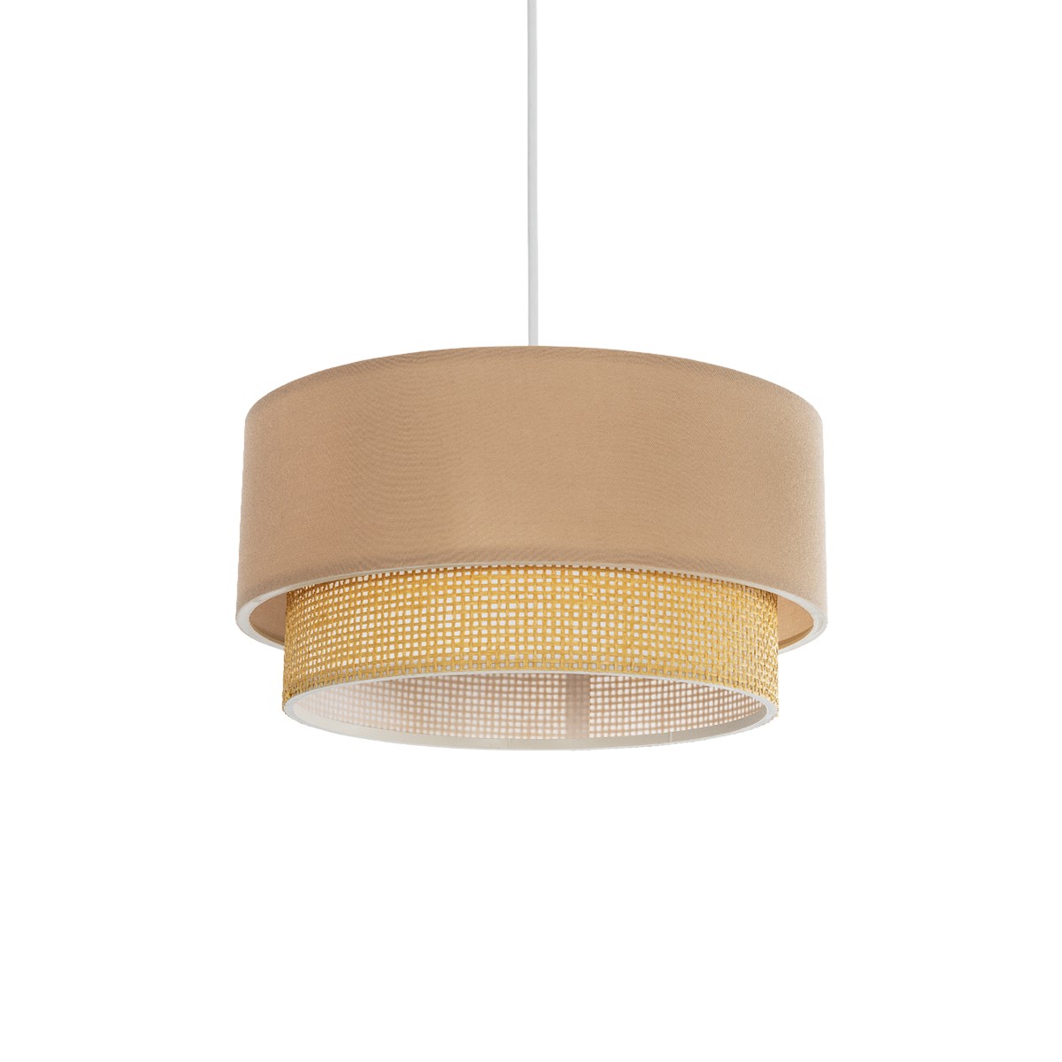 GloboStar® BIGGIE 204-0096 Μοντέρνο Κρεμαστό Φωτιστικό Kαπέλο Μονόφωτο 1 x E27 IP20 Μπεζ Ύφασμα με Μπεζ Rattan - Μ30 x Π30 x Υ70cm