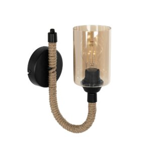 GloboStar® RIFT 203-0002 Vintage Επιτοίχιο Φωτιστικό Απλίκα Σχοινί Μονόφωτο 1 x E27 IP20 Μαύρο Μέταλλο με Μπεζ Σχοινί με Φιμέ Γυαλί - Μ22.5 x Π22.5 x Υ28.5cm