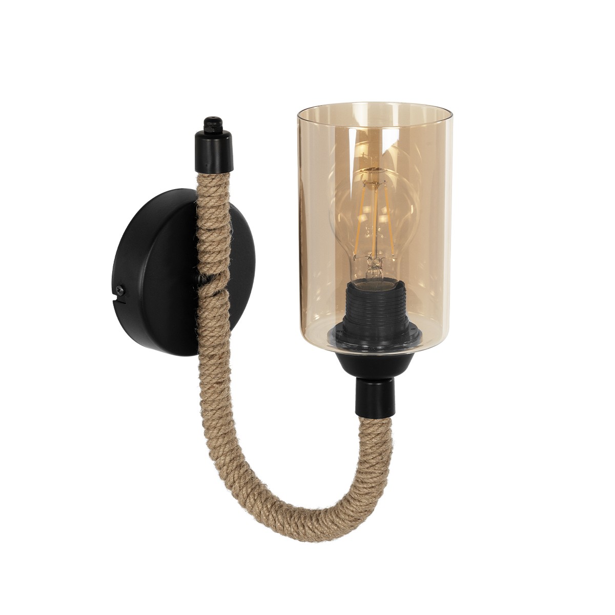 GloboStar® RIFT 203-0002 Vintage Επιτοίχιο Φωτιστικό Απλίκα Σχοινί Μονόφωτο 1 x E27 IP20 Μαύρο Μέταλλο με Μπεζ Σχοινί με Φιμέ Γυαλί - Μ22.5 x Π22.5 x Υ28.5cm