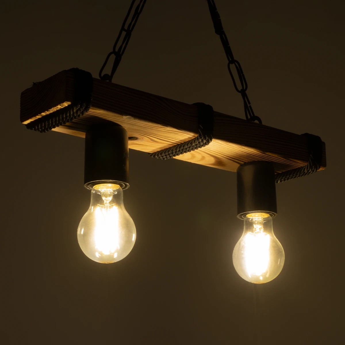 GloboStar® GLISTER 201-0002 Vintage Κρεμαστό Φωτιστικό Ράγα Δίφωτο 2 x E27 IP20 Μπεζ Ξύλο με Μαύρο Σχοινί - Μ40 x Π10 x Υ65cm - Image 2