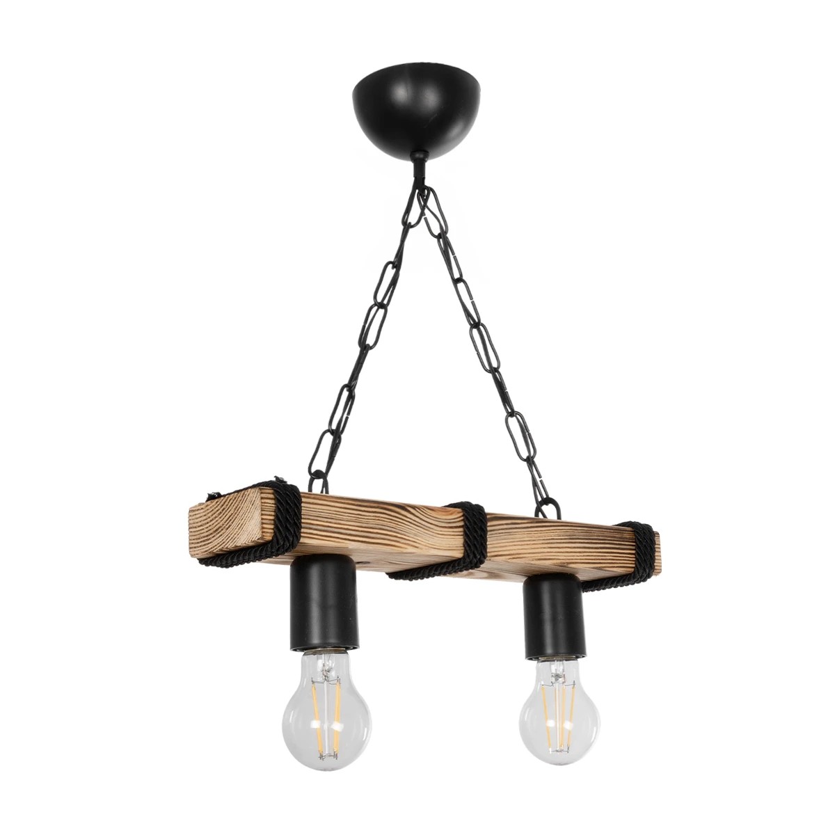 GloboStar® GLISTER 201-0002 Vintage Κρεμαστό Φωτιστικό Ράγα Δίφωτο 2 x E27 IP20 Μπεζ Ξύλο με Μαύρο Σχοινί - Μ40 x Π10 x Υ65cm - Image 3