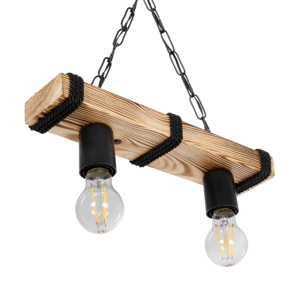 GloboStar® GLISTER 201-0002 Vintage Κρεμαστό Φωτιστικό Ράγα Δίφωτο 2 x E27 IP20 Μπεζ Ξύλο με Μαύρο Σχοινί - Μ40 x Π10 x Υ65cm - Image 5
