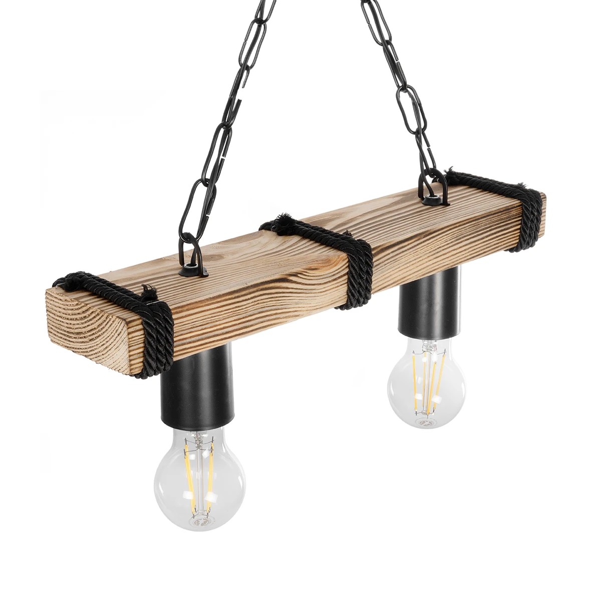 GloboStar® GLISTER 201-0002 Vintage Κρεμαστό Φωτιστικό Ράγα Δίφωτο 2 x E27 IP20 Μπεζ Ξύλο με Μαύρο Σχοινί - Μ40 x Π10 x Υ65cm - Image 6