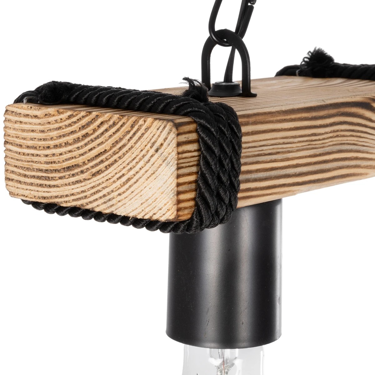 GloboStar® GLISTER 201-0002 Vintage Κρεμαστό Φωτιστικό Ράγα Δίφωτο 2 x E27 IP20 Μπεζ Ξύλο με Μαύρο Σχοινί - Μ40 x Π10 x Υ65cm - Image 7