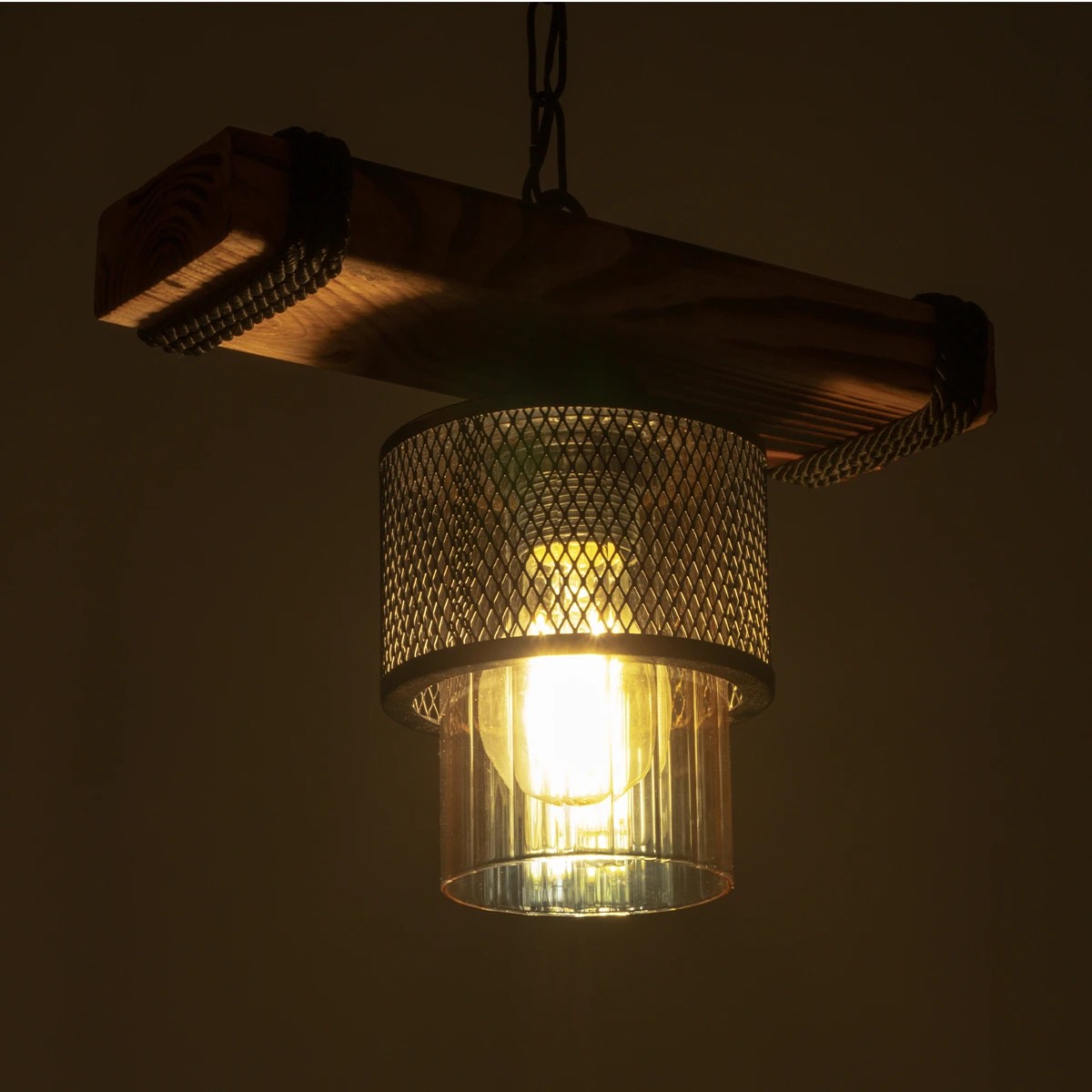 GloboStar® GLORA 201-0007 Vintage Κρεμαστό Φωτιστικό Ράγα Vintage Μονόφωτο 1 x E27 IP20 Μπεζ Ξύλο με Μαύρο Μέταλλο & Μελί Γυαλί - Μ30 x Π15 x Υ60cm - Image 2