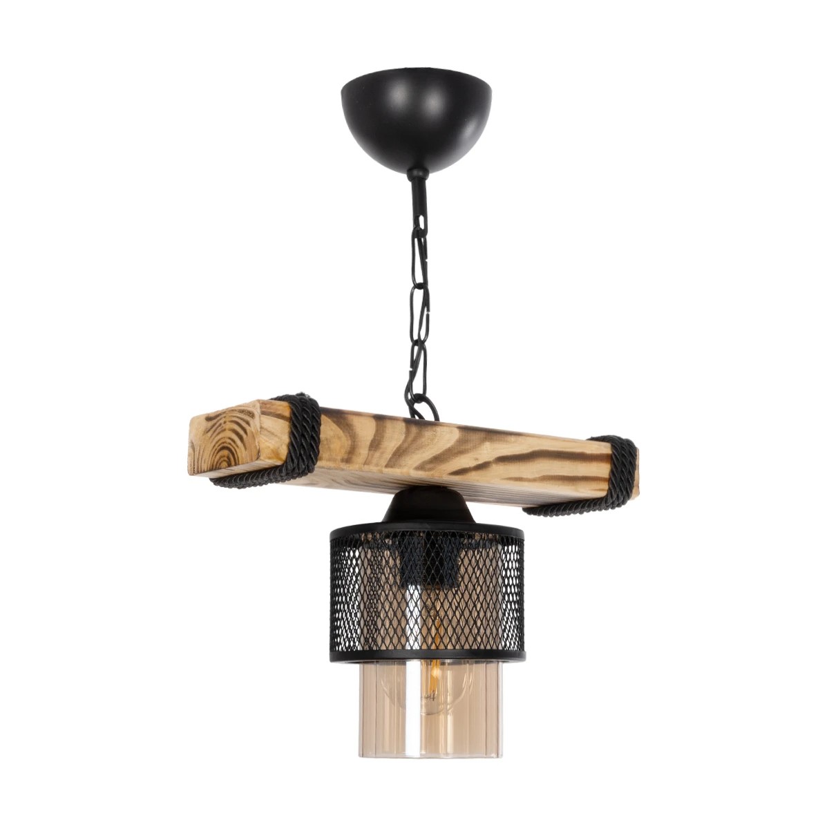 GloboStar® GLORA 201-0007 Vintage Κρεμαστό Φωτιστικό Ράγα Vintage Μονόφωτο 1 x E27 IP20 Μπεζ Ξύλο με Μαύρο Μέταλλο & Μελί Γυαλί - Μ30 x Π15 x Υ60cm - Image 3