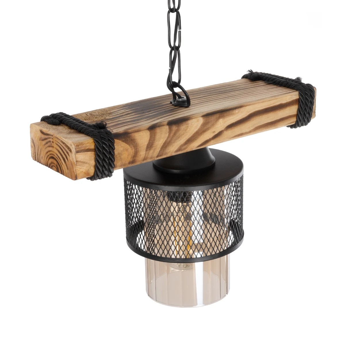 GloboStar® GLORA 201-0007 Vintage Κρεμαστό Φωτιστικό Ράγα Vintage Μονόφωτο 1 x E27 IP20 Μπεζ Ξύλο με Μαύρο Μέταλλο & Μελί Γυαλί - Μ30 x Π15 x Υ60cm - Image 6