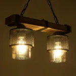 GloboStar® GLORA 201-0008 Vintage Κρεμαστό Φωτιστικό Ράγα Δίφωτο 2 x E27 IP20 Μπεζ Ξύλο με Μαύρο Μέταλλο & Μελί Γυαλί - Μ40 x Π15x Υ65cm - Image 2