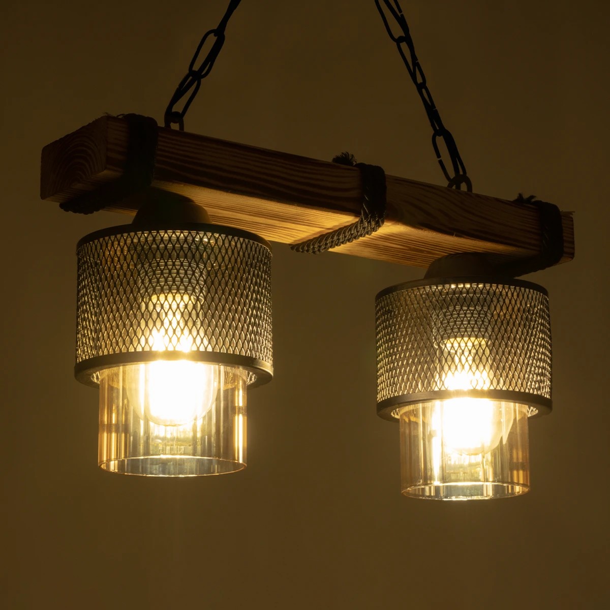 GloboStar® GLORA 201-0008 Vintage Κρεμαστό Φωτιστικό Ράγα Δίφωτο 2 x E27 IP20 Μπεζ Ξύλο με Μαύρο Μέταλλο & Μελί Γυαλί - Μ40 x Π15x Υ65cm - Image 2