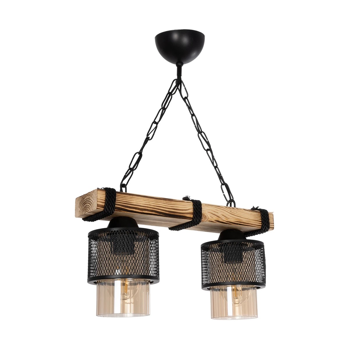 GloboStar® GLORA 201-0008 Vintage Κρεμαστό Φωτιστικό Ράγα Δίφωτο 2 x E27 IP20 Μπεζ Ξύλο με Μαύρο Μέταλλο & Μελί Γυαλί - Μ40 x Π15x Υ65cm - Image 3