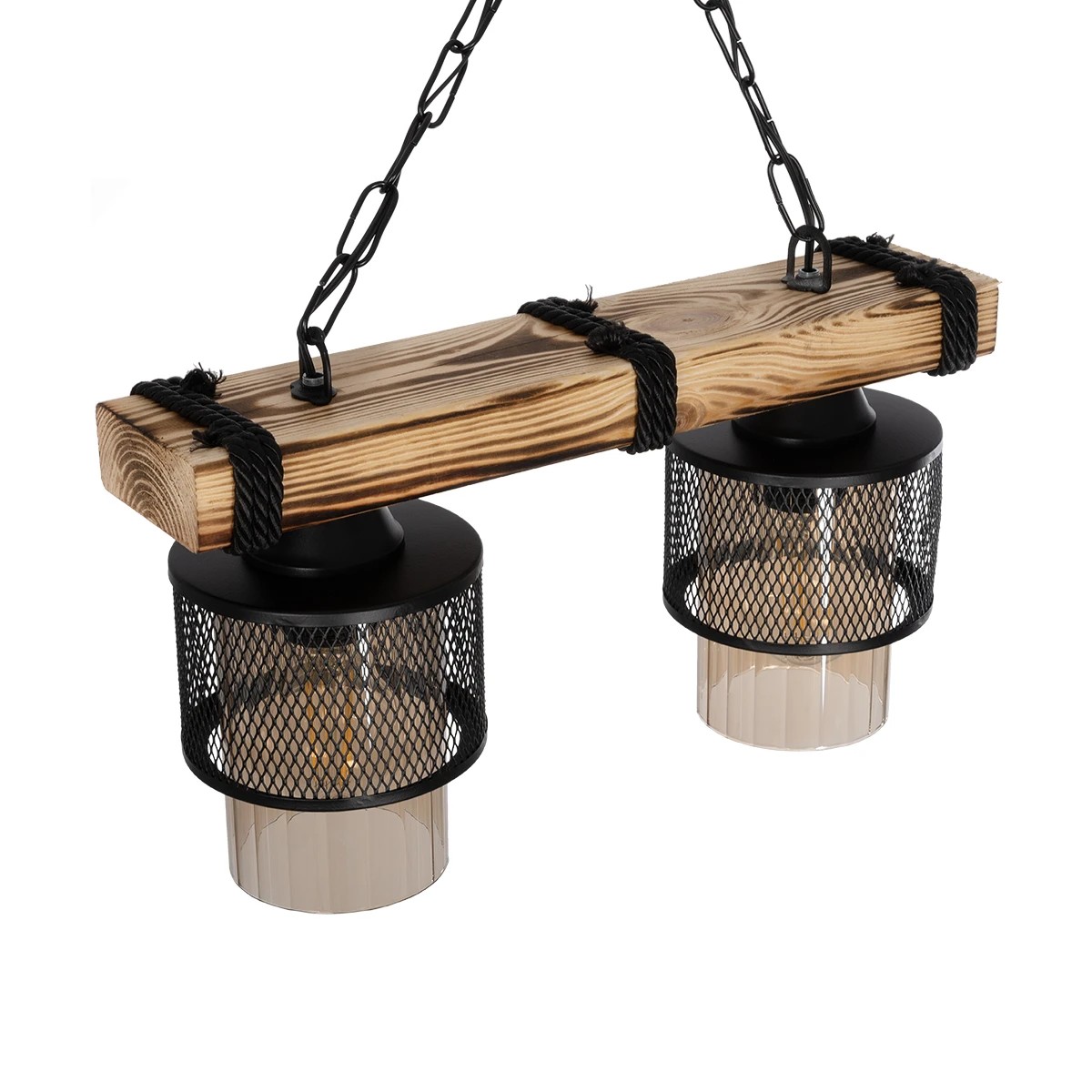 GloboStar® GLORA 201-0008 Vintage Κρεμαστό Φωτιστικό Ράγα Δίφωτο 2 x E27 IP20 Μπεζ Ξύλο με Μαύρο Μέταλλο & Μελί Γυαλί - Μ40 x Π15x Υ65cm - Image 6