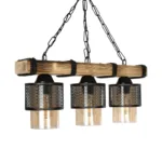 GloboStar® GLORA 201-0009 Vintage Κρεμαστό Φωτιστικό Ράγα Τρίφωτο 3 x E27 IP20 Μπεζ Ξύλο με Μαύρο Μέταλλο & Μελί Γυαλί - Μ50 x Π16 x Υ65cm - Image 4
