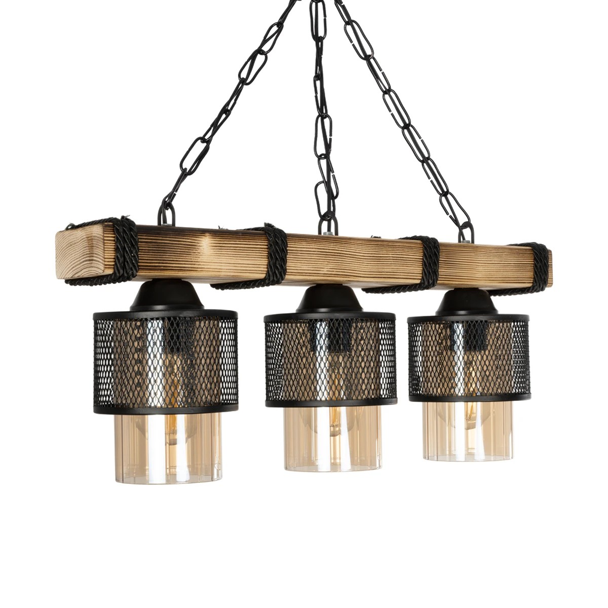 GloboStar® GLORA 201-0009 Vintage Κρεμαστό Φωτιστικό Ράγα Τρίφωτο 3 x E27 IP20 Μπεζ Ξύλο με Μαύρο Μέταλλο & Μελί Γυαλί - Μ50 x Π16 x Υ65cm - Image 4