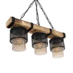 GloboStar® GLORA 201-0009 Vintage Κρεμαστό Φωτιστικό Ράγα Τρίφωτο 3 x E27 IP20 Μπεζ Ξύλο με Μαύρο Μέταλλο & Μελί Γυαλί - Μ50 x Π16 x Υ65cm - Image 5