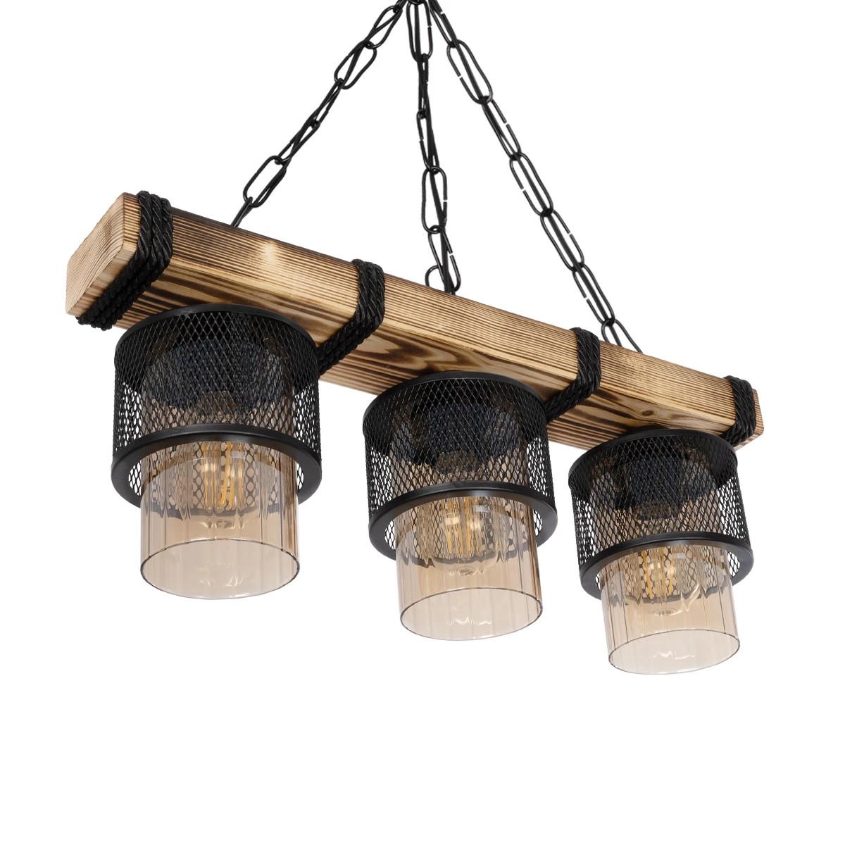 GloboStar® GLORA 201-0009 Vintage Κρεμαστό Φωτιστικό Ράγα Τρίφωτο 3 x E27 IP20 Μπεζ Ξύλο με Μαύρο Μέταλλο & Μελί Γυαλί - Μ50 x Π16 x Υ65cm - Image 5