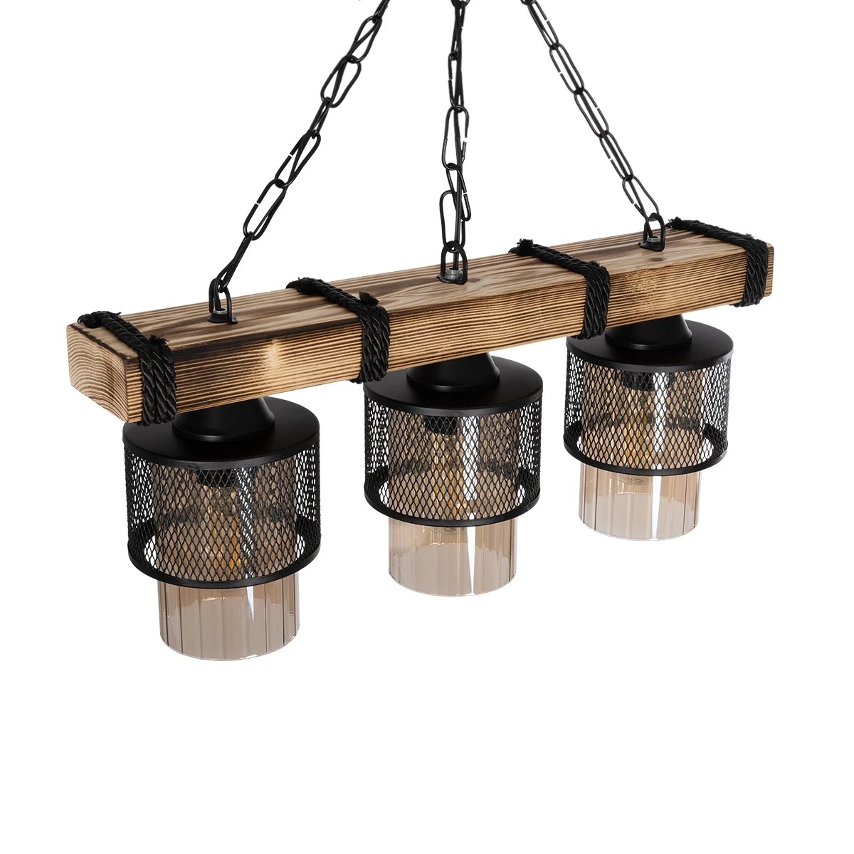 GloboStar® GLORA 201-0009 Vintage Κρεμαστό Φωτιστικό Ράγα Τρίφωτο 3 x E27 IP20 Μπεζ Ξύλο με Μαύρο Μέταλλο & Μελί Γυαλί - Μ50 x Π16 x Υ65cm - Image 6