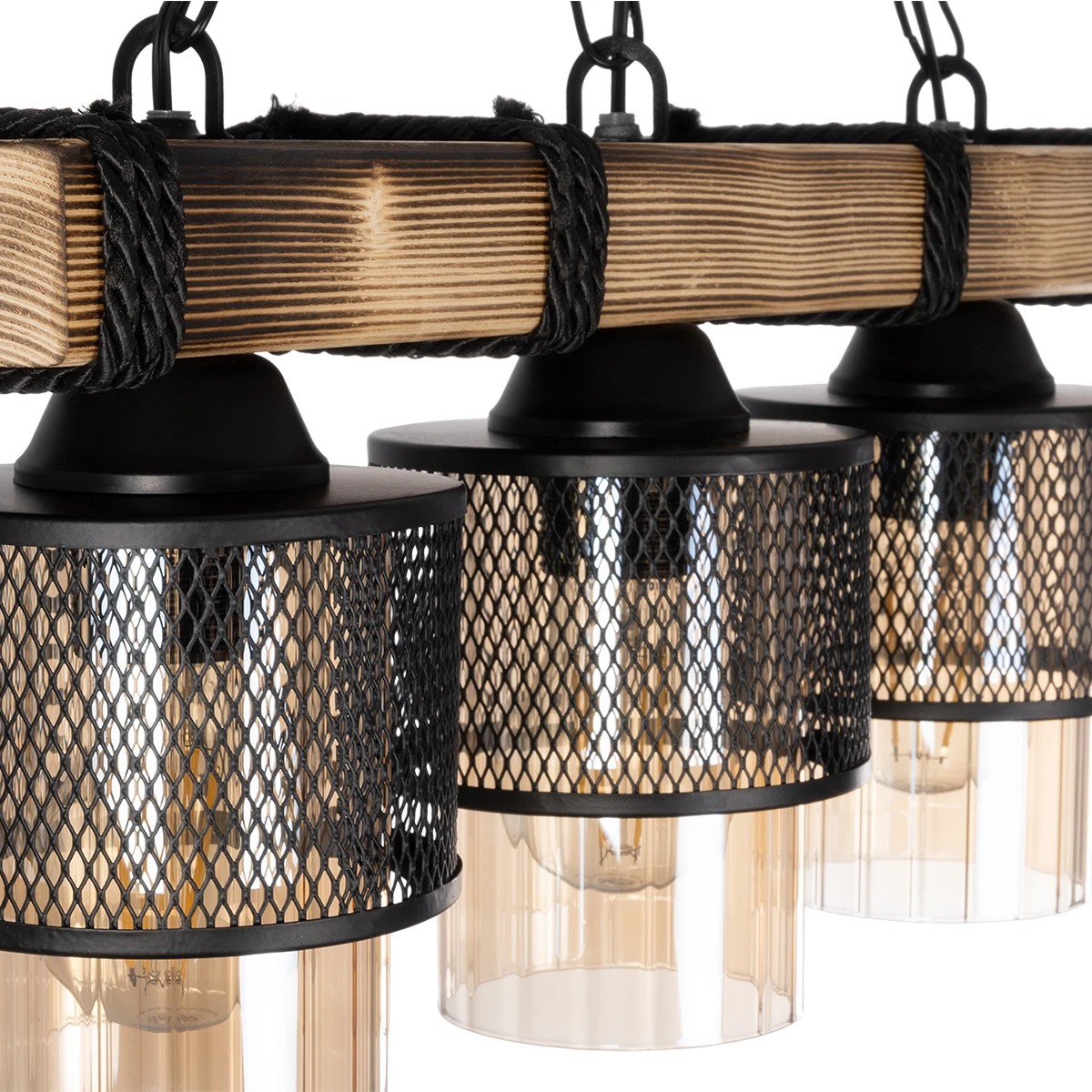 GloboStar® GLORA 201-0009 Vintage Κρεμαστό Φωτιστικό Ράγα Τρίφωτο 3 x E27 IP20 Μπεζ Ξύλο με Μαύρο Μέταλλο & Μελί Γυαλί - Μ50 x Π16 x Υ65cm - Image 7