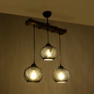 GloboStar® LUMA 201-0010 Vintage Κρεμαστό Φωτιστικό Ράγα Τρίφωτο 3 x E27 IP20 Μπεζ Ξύλο με Μαύρο Σχοινί - Μ50 x Π20 x Υ63cm
