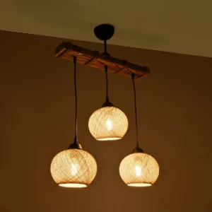 GloboStar® LUMA 201-0011 Vintage Κρεμαστό Φωτιστικό Ράγα Τρίφωτο 3 x E27 IP20 Μπεζ Ξύλο με Μπεζ Σχοινί - Μ50 x Π20 x Υ63cm