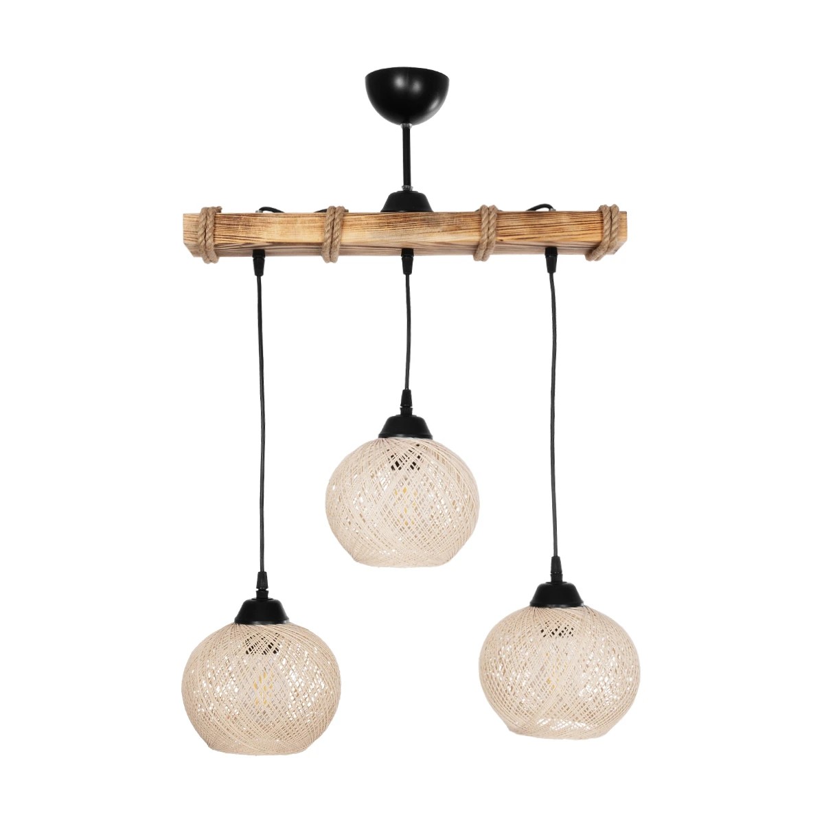 GloboStar® LUMA 201-0011 Vintage Κρεμαστό Φωτιστικό Ράγα Τρίφωτο 3 x E27 IP20 Μπεζ Ξύλο με Μπεζ Σχοινί - Μ50 x Π20 x Υ63cm - Image 2