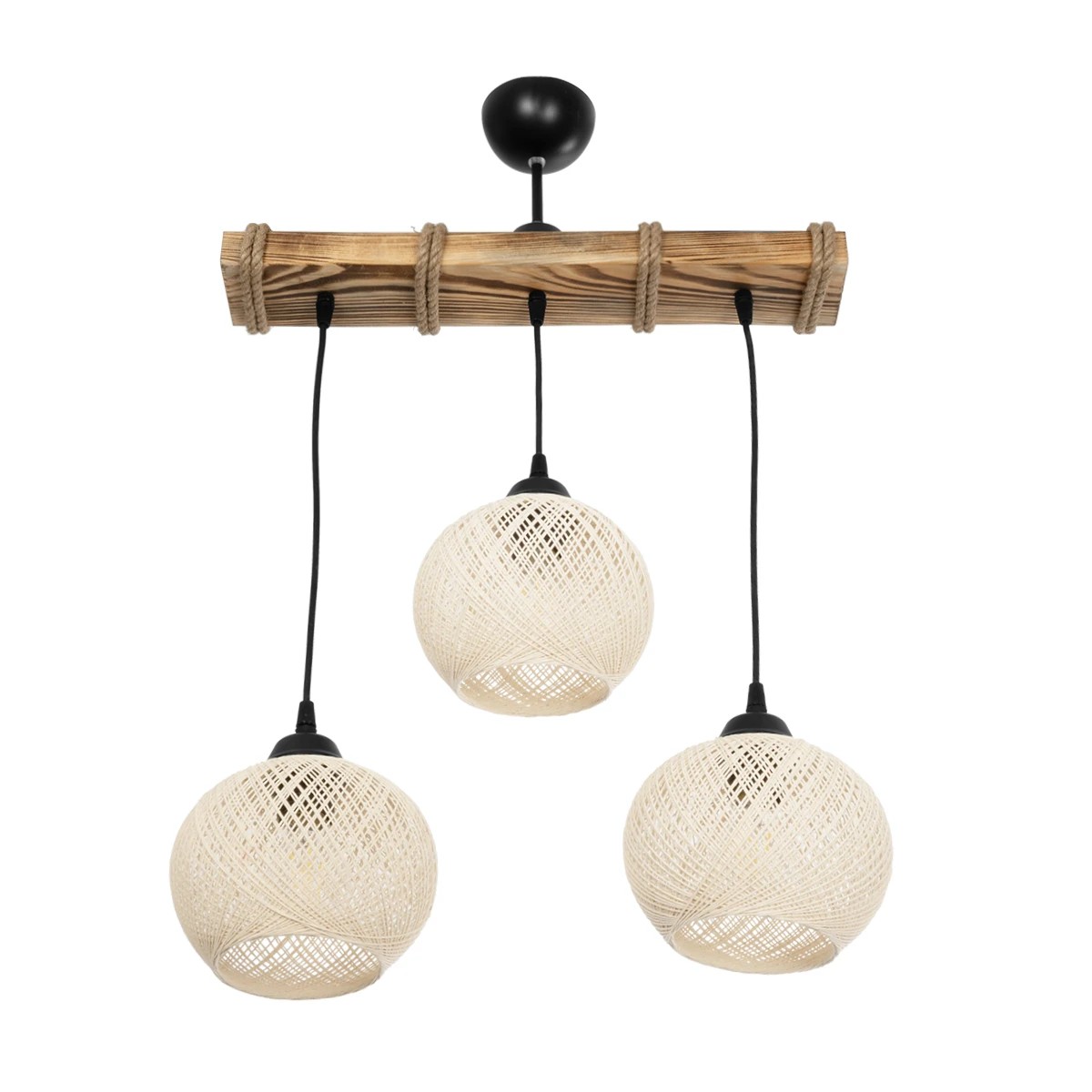 GloboStar® LUMA 201-0011 Vintage Κρεμαστό Φωτιστικό Ράγα Τρίφωτο 3 x E27 IP20 Μπεζ Ξύλο με Μπεζ Σχοινί - Μ50 x Π20 x Υ63cm - Image 3