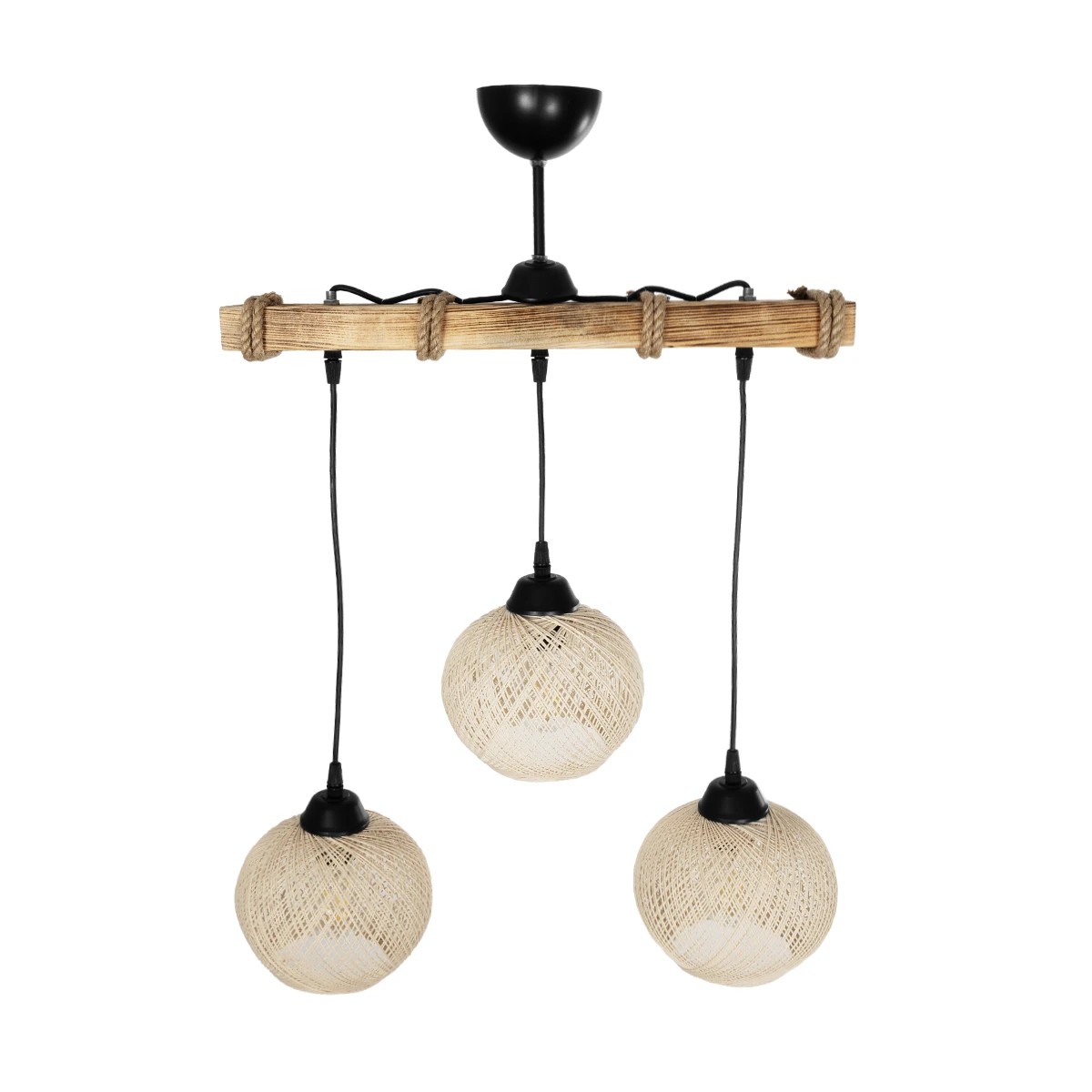 GloboStar® LUMA 201-0011 Vintage Κρεμαστό Φωτιστικό Ράγα Τρίφωτο 3 x E27 IP20 Μπεζ Ξύλο με Μπεζ Σχοινί - Μ50 x Π20 x Υ63cm - Image 4