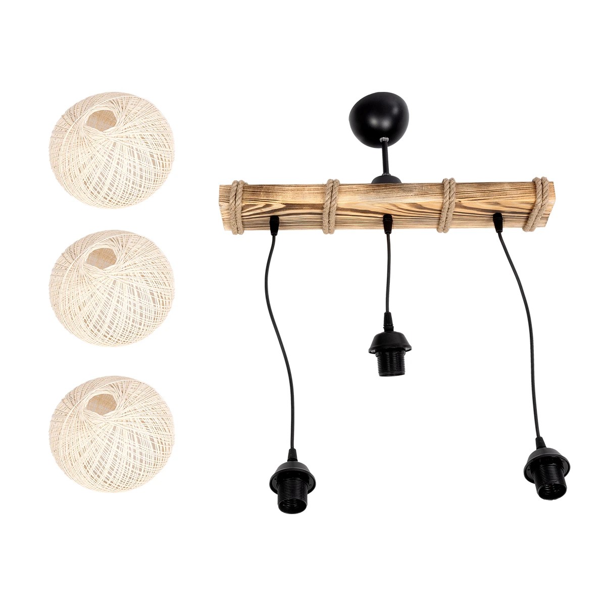 GloboStar® LUMA 201-0011 Vintage Κρεμαστό Φωτιστικό Ράγα Τρίφωτο 3 x E27 IP20 Μπεζ Ξύλο με Μπεζ Σχοινί - Μ50 x Π20 x Υ63cm - Image 8