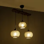 GloboStar® LUMA 201-0012 Vintage Κρεμαστό Φωτιστικό Ράγα Τρίφωτο 3 x E27 IP20 Μπεζ Ξύλο με Καφέ Σχοινί - Μ50 x Π20 x Υ63cm