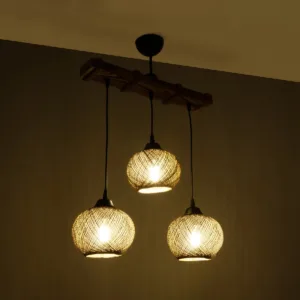 GloboStar® LUMA 201-0012 Vintage Κρεμαστό Φωτιστικό Ράγα Τρίφωτο 3 x E27 IP20 Μπεζ Ξύλο με Καφέ Σχοινί - Μ50 x Π20 x Υ63cm