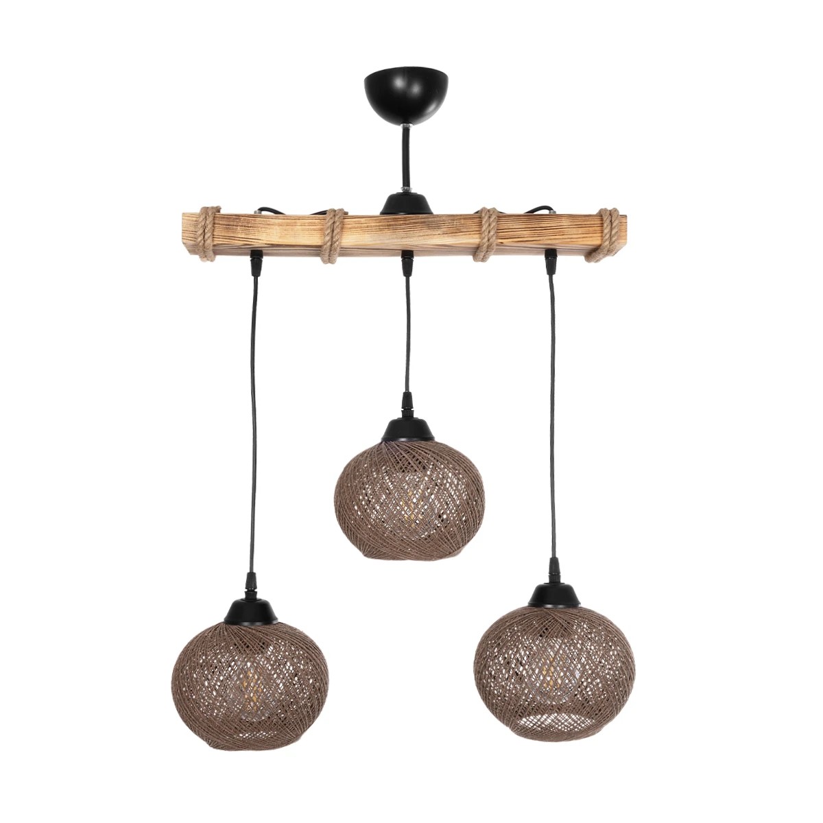 GloboStar® LUMA 201-0012 Vintage Κρεμαστό Φωτιστικό Ράγα Τρίφωτο 3 x E27 IP20 Μπεζ Ξύλο με Καφέ Σχοινί - Μ50 x Π20 x Υ63cm - Image 2