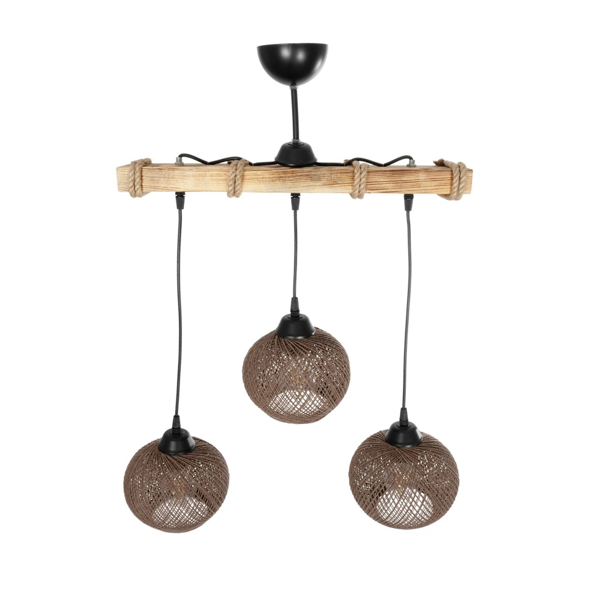 GloboStar® LUMA 201-0012 Vintage Κρεμαστό Φωτιστικό Ράγα Τρίφωτο 3 x E27 IP20 Μπεζ Ξύλο με Καφέ Σχοινί - Μ50 x Π20 x Υ63cm - Image 3