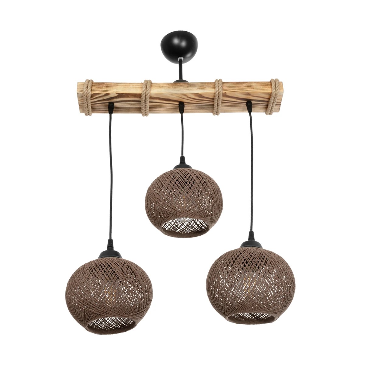 GloboStar® LUMA 201-0012 Vintage Κρεμαστό Φωτιστικό Ράγα Τρίφωτο 3 x E27 IP20 Μπεζ Ξύλο με Καφέ Σχοινί - Μ50 x Π20 x Υ63cm - Image 4