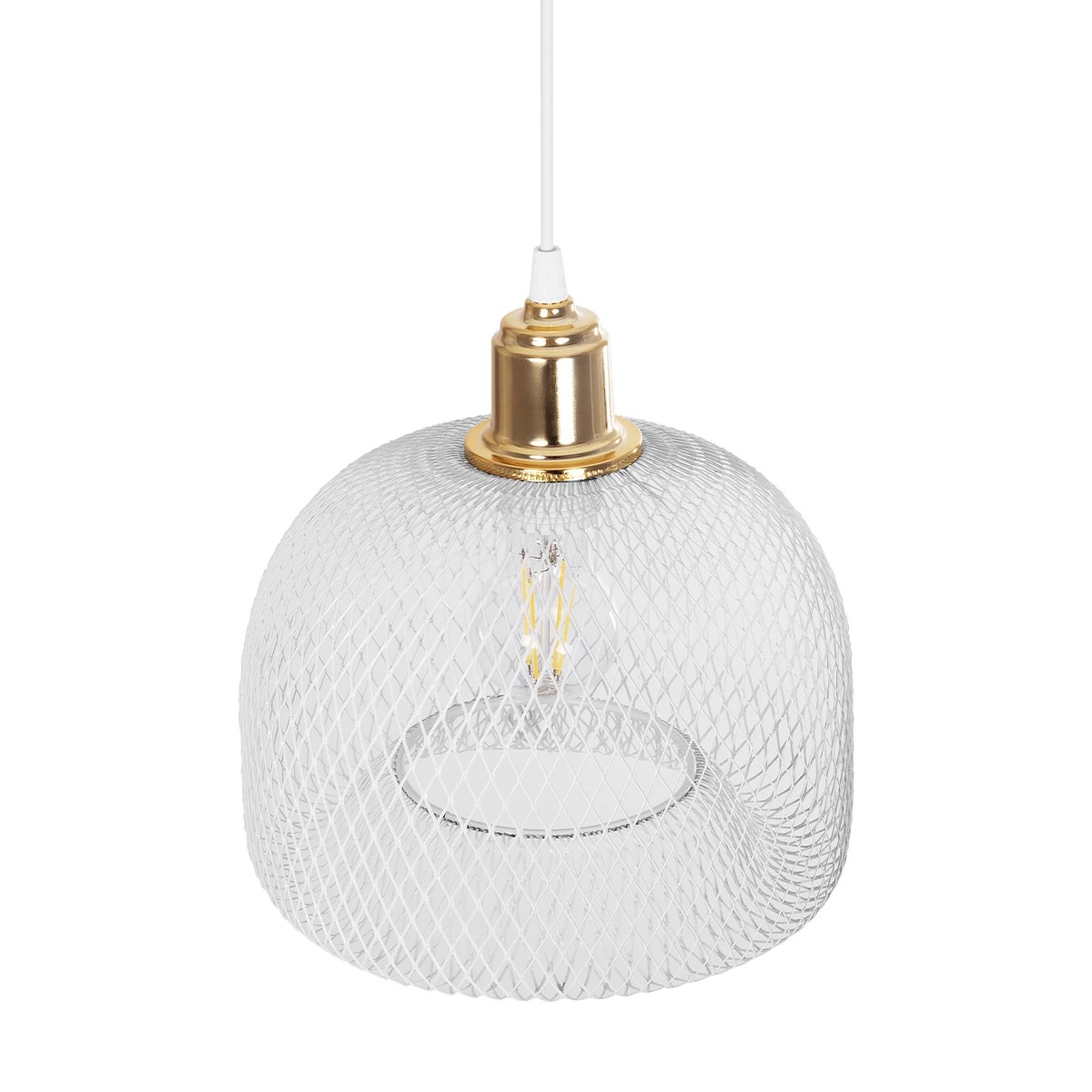 GloboStar® GLOZIA 201-0017 Μοντέρνο Κρεμαστό Φωτιστικό Πλέγμα Μονόφωτο 1 x E27 IP20 Λευκό & Χρυσό Μέταλλο - Μ26x Π26 x Υ70cm - Image 6