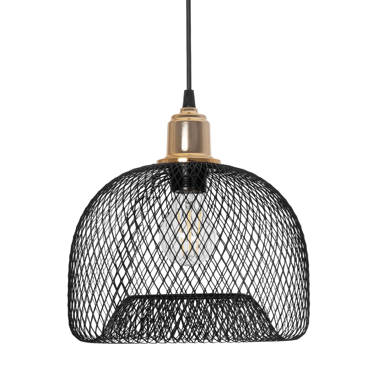 GloboStar® GLOZIA 201-0018 Μοντέρνο Κρεμαστό Φωτιστικό Πλέγμα Μονόφωτο 1 x E27 IP20 Μαύρο & Χρυσό Μέταλλο - Μ26 x Π26 x Υ70cm - Image 4