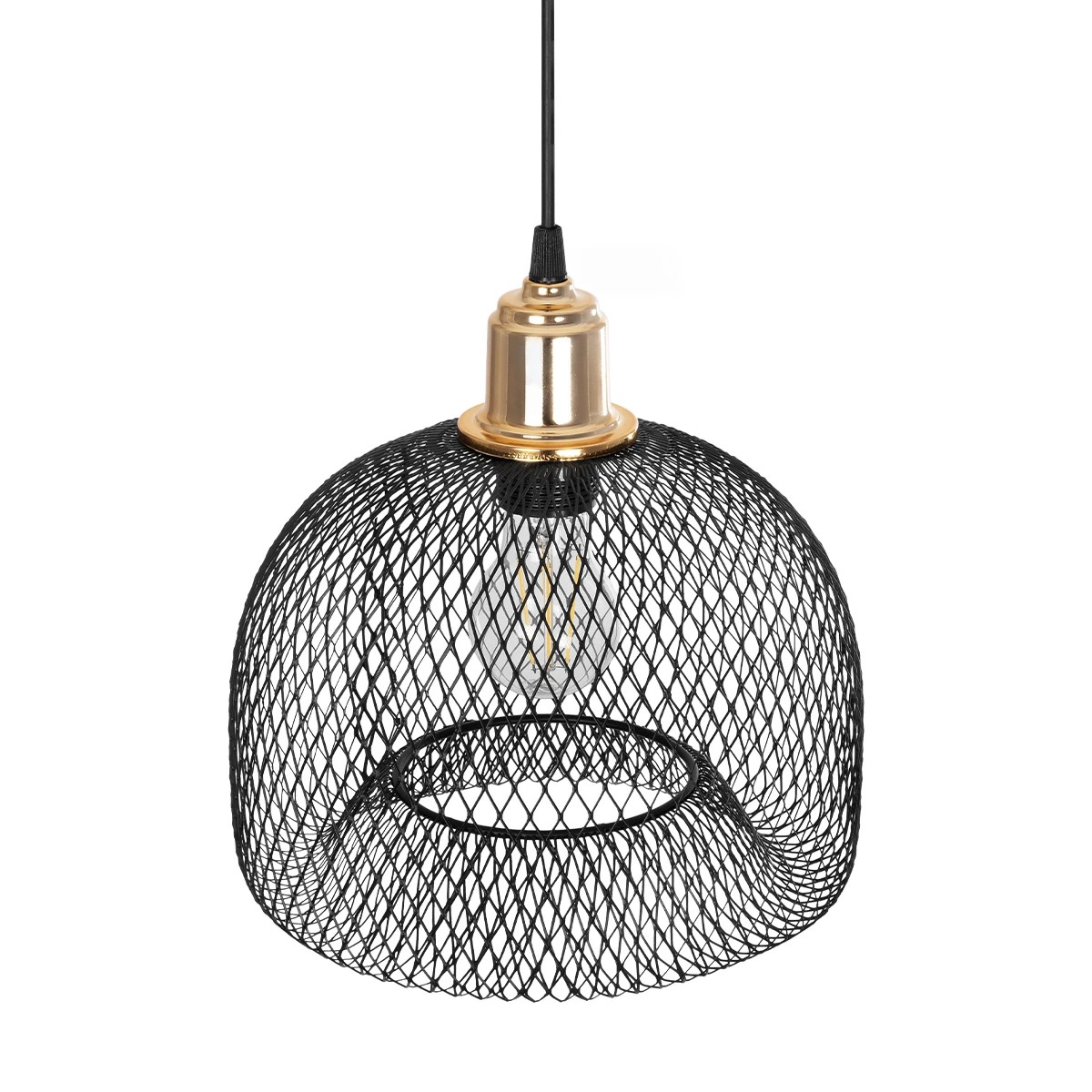 GloboStar® GLOZIA 201-0018 Μοντέρνο Κρεμαστό Φωτιστικό Πλέγμα Μονόφωτο 1 x E27 IP20 Μαύρο & Χρυσό Μέταλλο - Μ26 x Π26 x Υ70cm - Image 6
