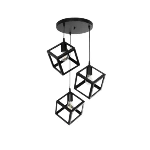 GloboStar® DISE 201-0051 Μοντέρνο Κρεμαστό Φωτιστικό Κύβος Τρίφωτο 3 x E27 IP20 Μαύρο Μέταλλο - Φ40 x Υ90cm