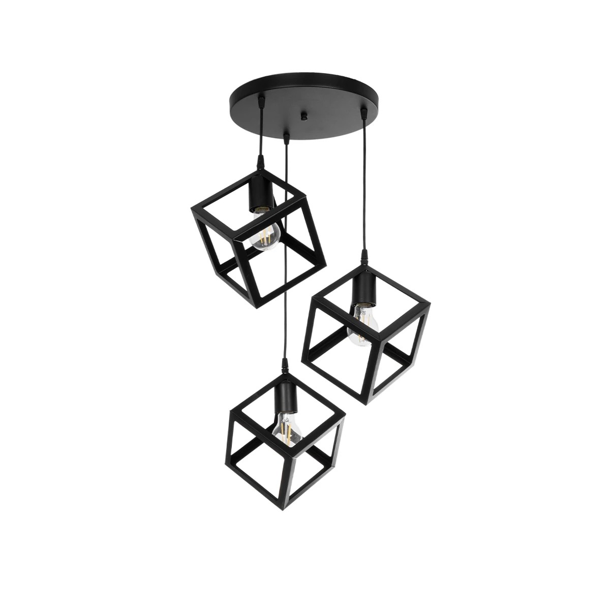 GloboStar® DISE 201-0051 Μοντέρνο Κρεμαστό Φωτιστικό Κύβος Τρίφωτο 3 x E27 IP20 Μαύρο Μέταλλο - Φ40 x Υ90cm